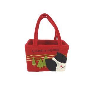 Vintage Kittens in Pajamas Square Red Felt Handbag Accessory Pouch